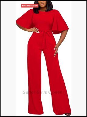 Short Sleeve Belted Wide Leg Jumpsuit with Ruffles - Casual One Piece Outfit